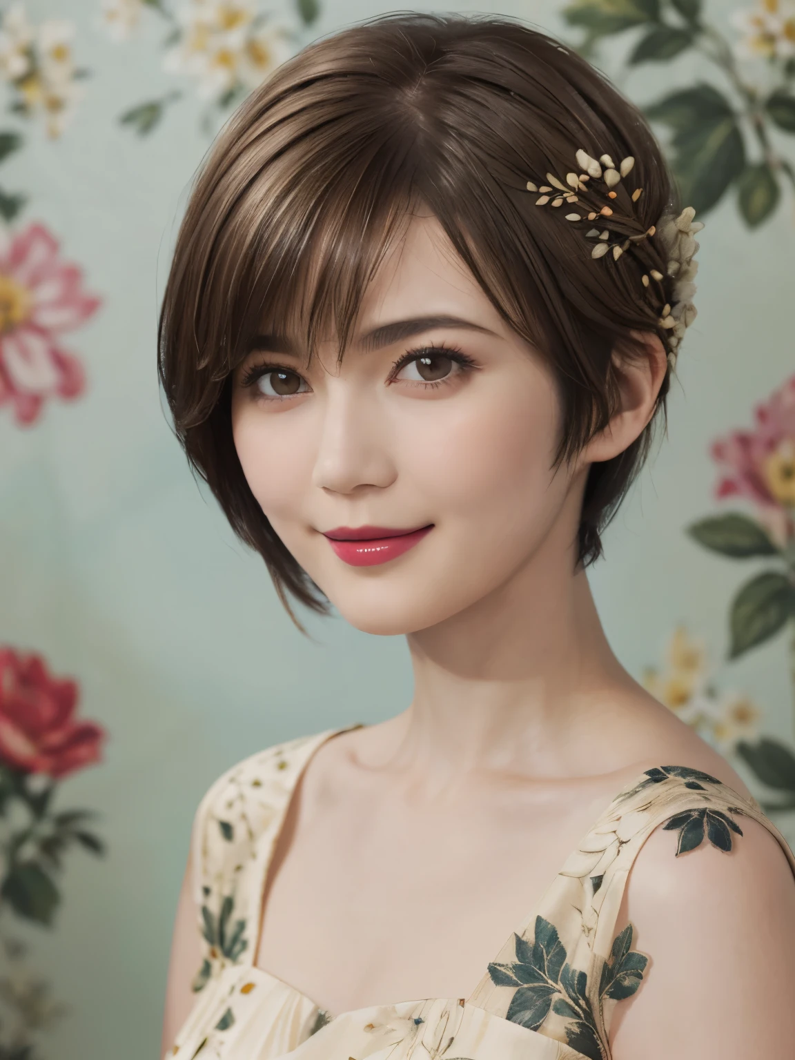 152
(20 year old woman,floral pattern dress), (Super realistic), (high resolution), ((beautiful hairstyle 46)), ((short hair:1.46)), (gentle smile), (brest:1.1), (lipstick)
