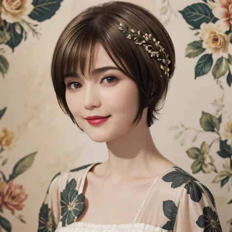 152
(20 year old woman,floral pattern dress), (super realistic), (high resolution), ((beautiful hairstyle 46)), ((short hair:1.4...