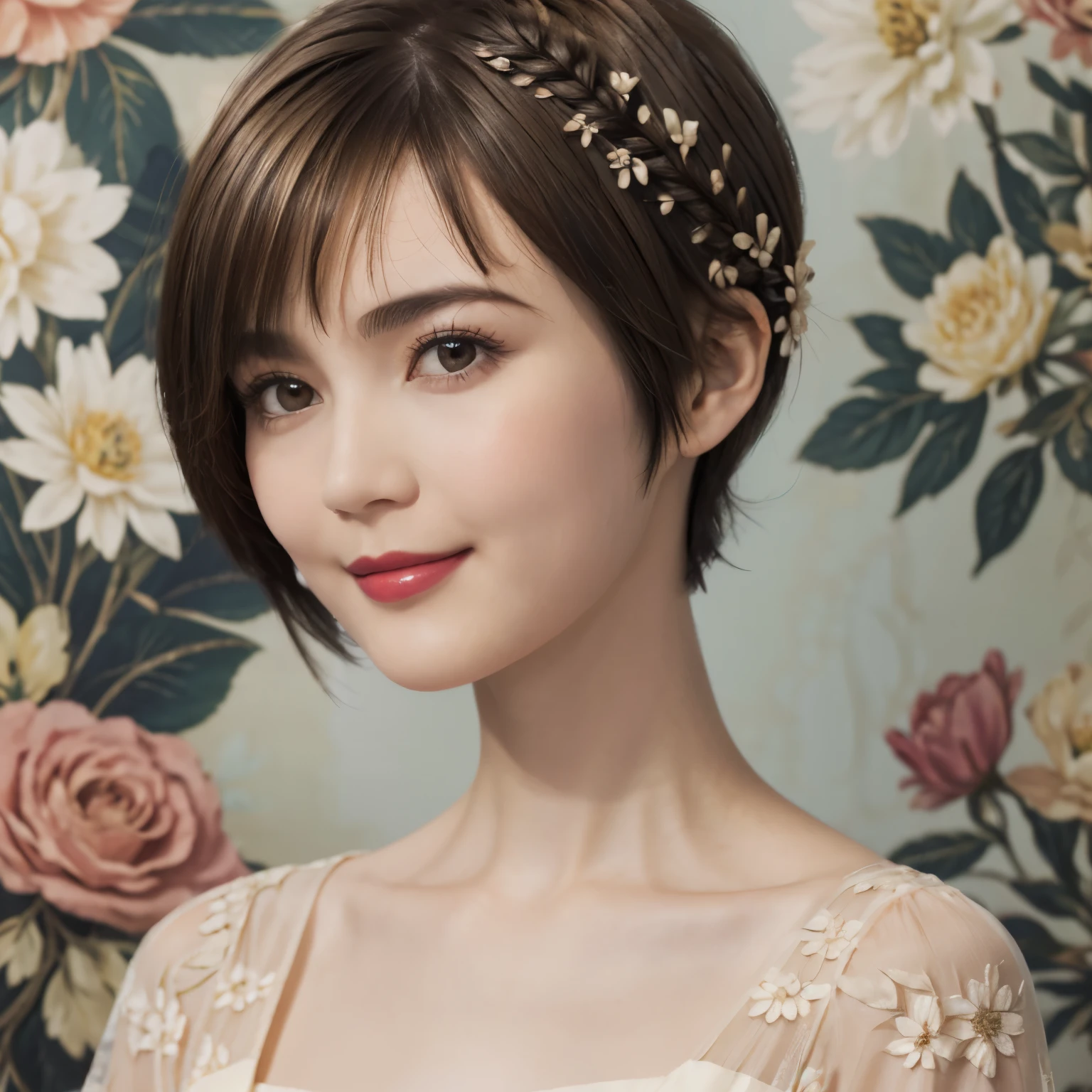 152
(20 year old woman,floral pattern dress), (Super realistic), (high resolution), ((beautiful hairstyle 46)), ((short hair:1.46)), (gentle smile), (brest:1.1), (lipstick)
