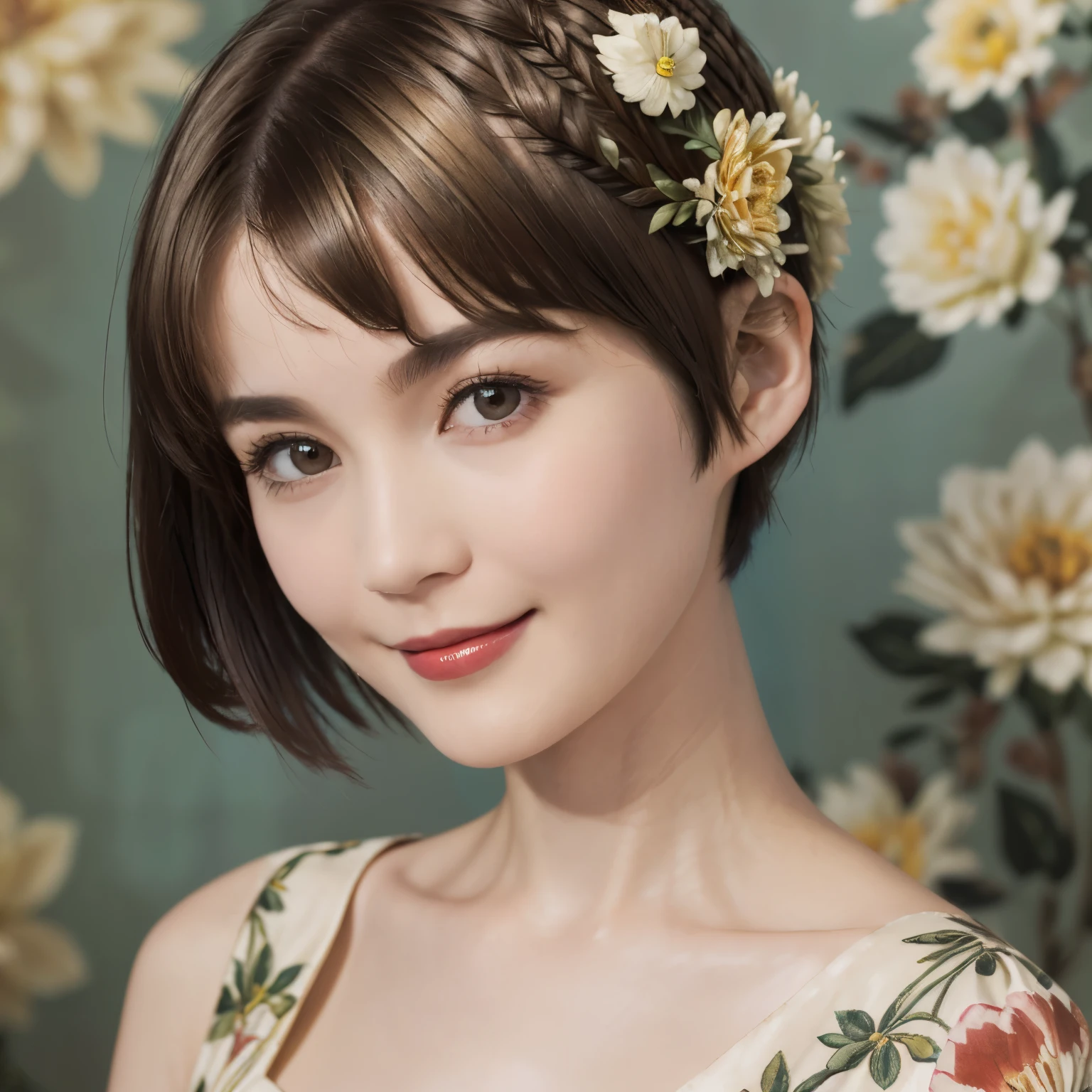 152
(20 year old woman,floral pattern dress), (Super realistic), (high resolution), ((beautiful hairstyle 46)), ((short hair:1.46)), (gentle smile), (brest:1.1), (lipstick)
