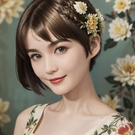 152
(20 year old woman,floral pattern dress), (Super realistic), (high resolution), ((beautiful hairstyle 46)), ((short hair:1.4...