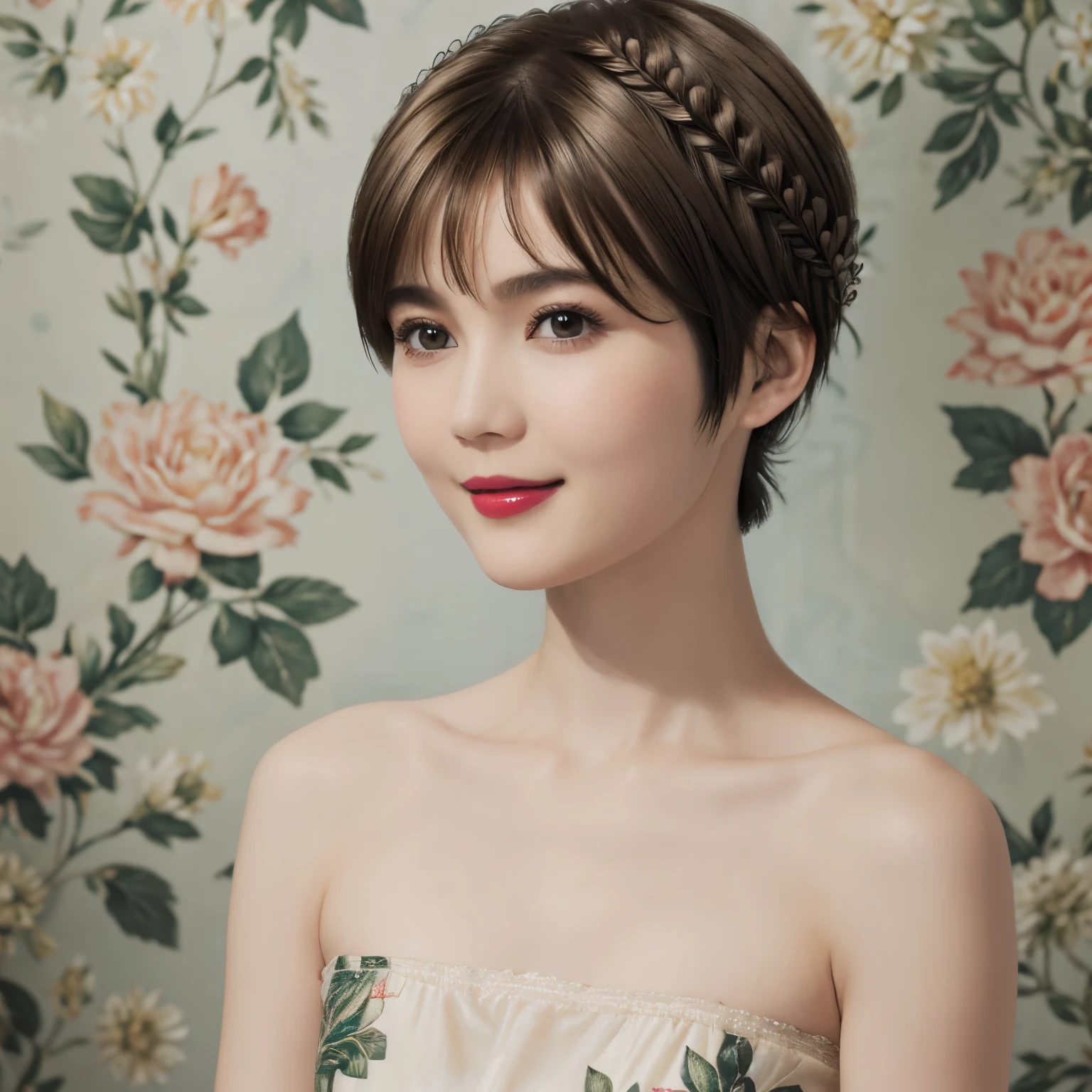 152
(20 year old woman,floral pattern dress), (Super realistic), (high resolution), ((beautiful hairstyle 46)), ((short hair:1.46)), (gentle smile), (brest:1.1), (lipstick)
