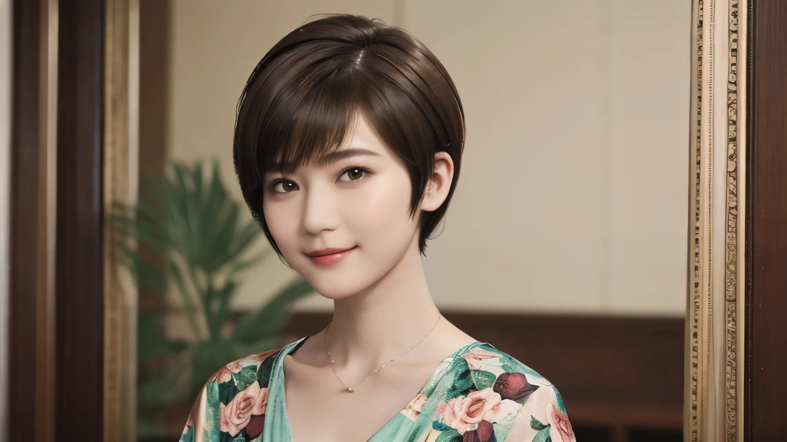 152
(20 year old woman,floral pattern dress), (Super realistic), (high resolution), ((beautiful hairstyle 46)), ((short hair:1.46)), (gentle smile), (brest:1.1), (lipstick)
