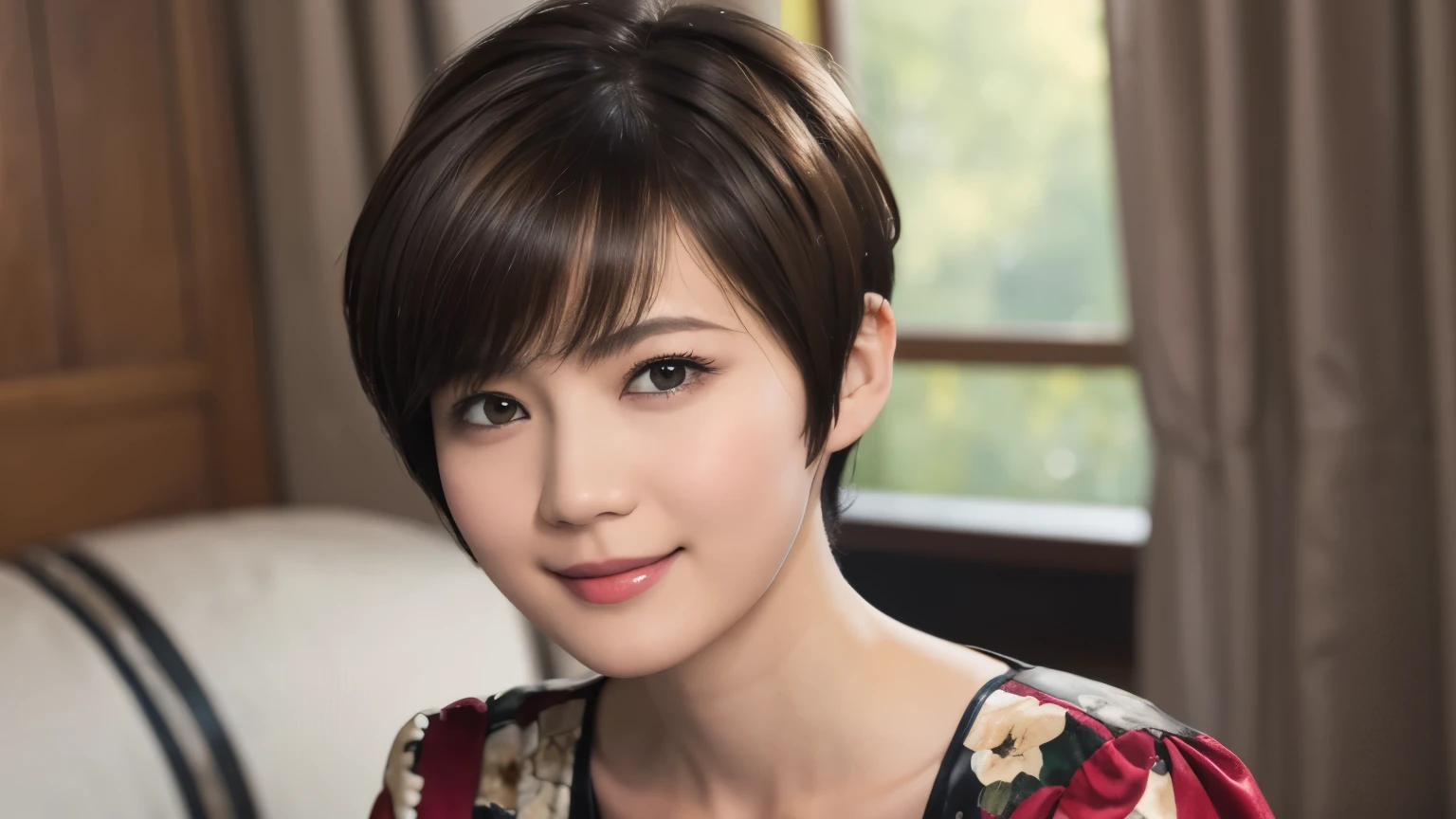 152
(20 year old woman,floral pattern dress), (Super realistic), (high resolution), ((beautiful hairstyle 46)), ((short hair:1.46)), (gentle smile), (brest:1.1), (lipstick)
