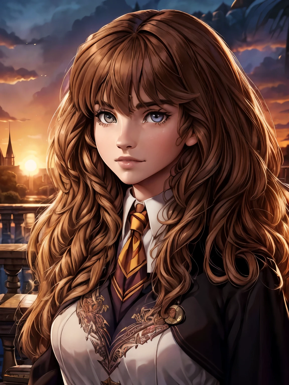 ((ultra quality)), ((masterpiece)), Hermione Granger, Harry Potter, An Epic Picture, ((brown-haired long hair)), (Beautiful face), (beautiful female lips), (), charming, (), looks at the camera, eyes slightly open, (skin color white), (White skin), glare on the body, ((detailed beautiful female eyes)), (eye color - brown), (juicy female lips), (dark eyeliner), (beautiful female hands), ((ideal female figure)), ideal female body, (), beautiful waist, gorgeous thighs, beautiful medium breasts, ((subtle and beautiful)), A seductive stance (), (dressed in Hogwarts school uniform) background: bridge on Hogwarts grounds, Beautiful sunset, ((depth of field)), ((high quality clear image)), (clear details), ((high detail)), realistically, professional photo session, ((Clear Focus)).