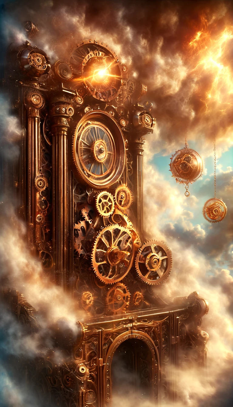 (Puerta Steam Punk), Puerta Olvidada del Tiempo y el Espacio compuesta por una miríada de intrincados, engranajes antiguos, esfera celestial, resplandor cobrizo, engranajes adornados, cielo, niebla, nube, adornado con delicada filigrana, Hilos de vapor se elevan desde la maquinaria celestial., Atmósfera etérea, ilustración ultra realista, Obra maestra, mejor calidad
