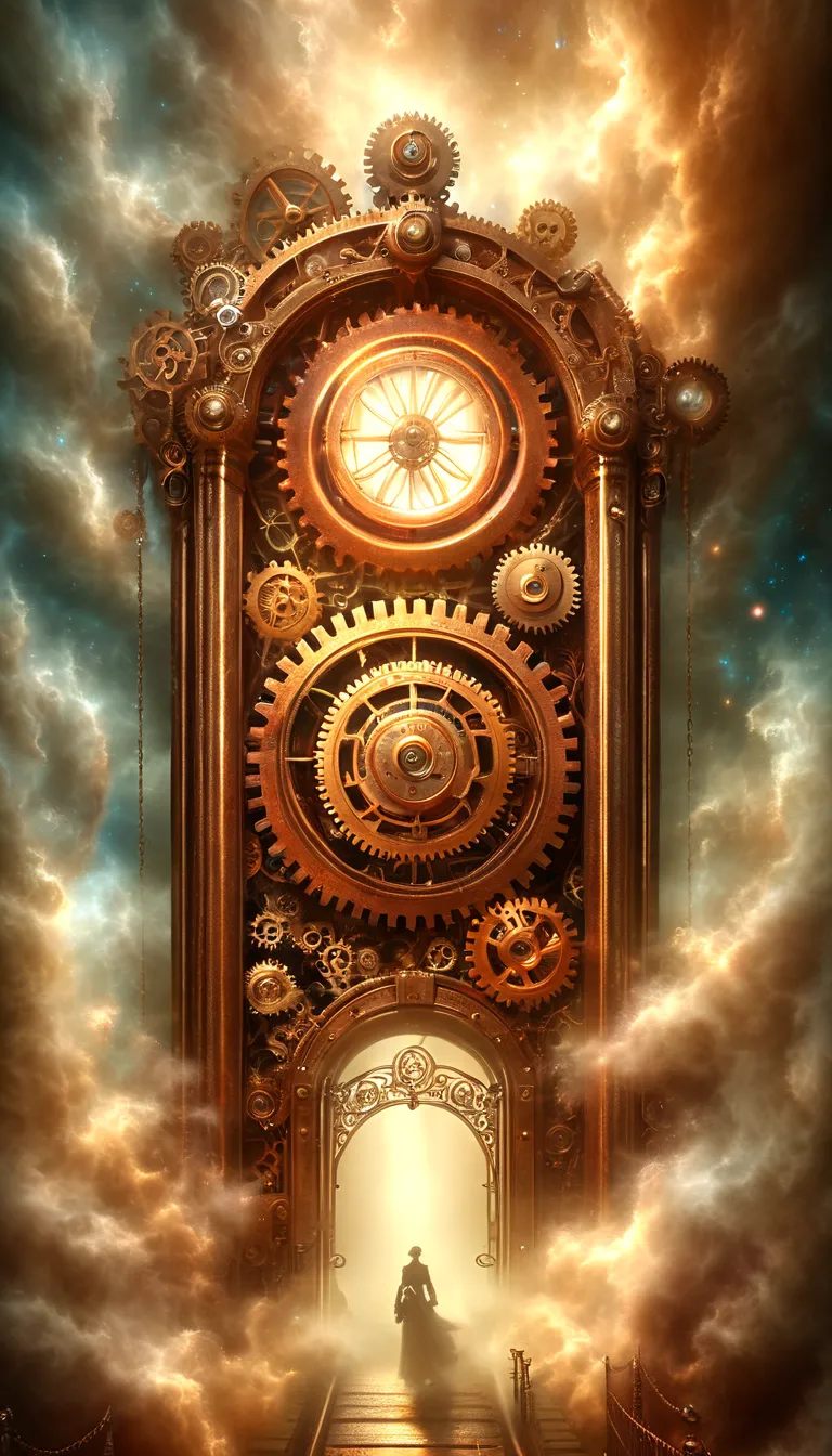 (Steam Punk gate), Forgotten Gateway of Time and Space composed of a myriad of intricate, vintage gears, celestial sphere, coppe...