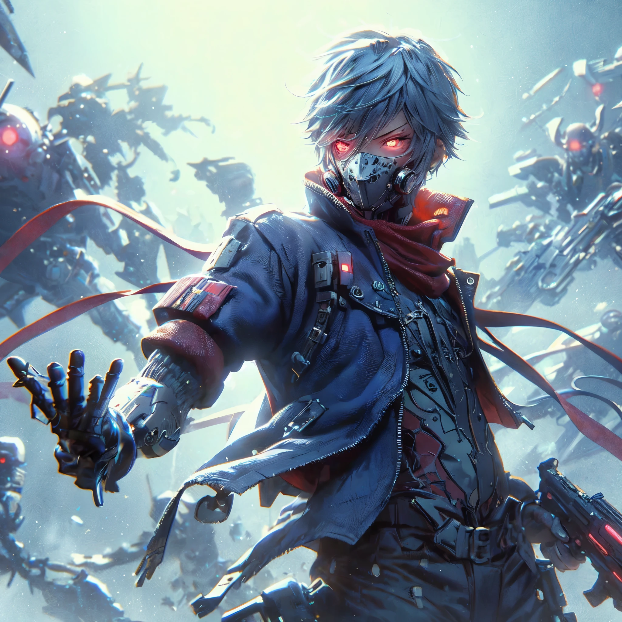 a close up of a person with a gun and a glove, code vein, white hair, mask, best anime 4k konachan wallpaper, cgi anime fantasy artwork, badass anime 8 k, anime style 4 k, digital cyberpunk anime art, guilty gear strive splash art, anime concept hdr anime macmanus, 4k highly detailed digital art, 4k anime wallpaper,  realistic,  hyper realistic, photography, high quality, details