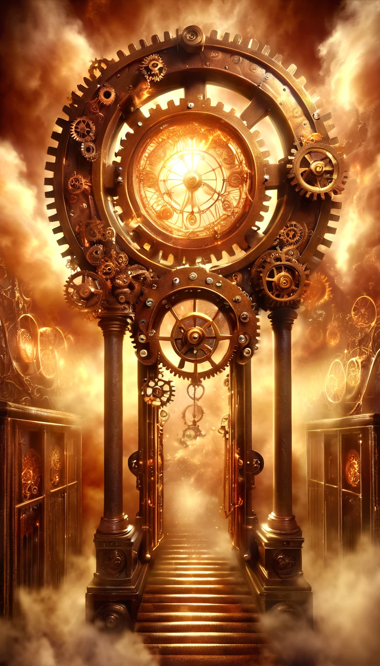 (Steam Punk gate), Das vergessene Tor von Zeit und Raum besteht aus einer Vielzahl von komplizierten, Vintage-Getriebe, Himmelskugel, kupferner Glanz, verzierte Zahnräder, Himmel, Nebel, Wolke, geschmückt mit zartem Filigran, Dampfschwaden steigen aus der Himmelsmaschinerie auf, ätherische Atmosphäre, ultrarealistische Illustration, Meisterwerk, beste Qualität
