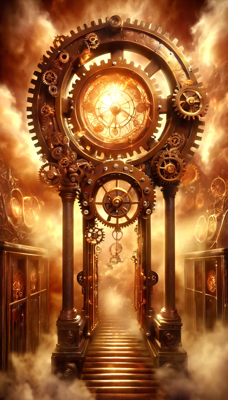 (Steam Punk gate), Forgotten Gateway of Time and Space composed of a myriad of intricate, vintage gears, celestial sphere, coppe...