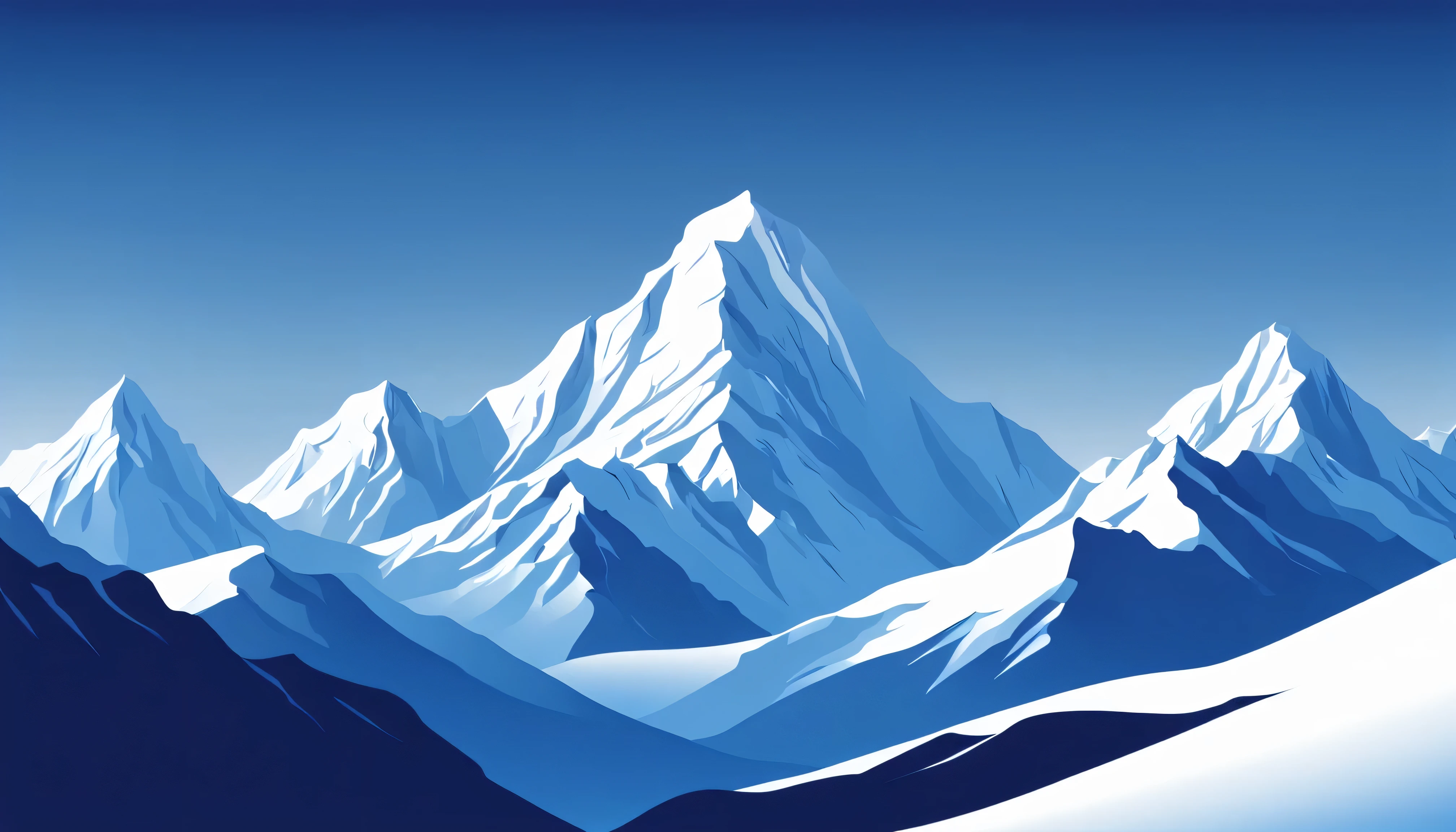 epic mountain scenery, snow capped peaks, gentle curves, deep blue sky, serene, (simplistic, vector style)
