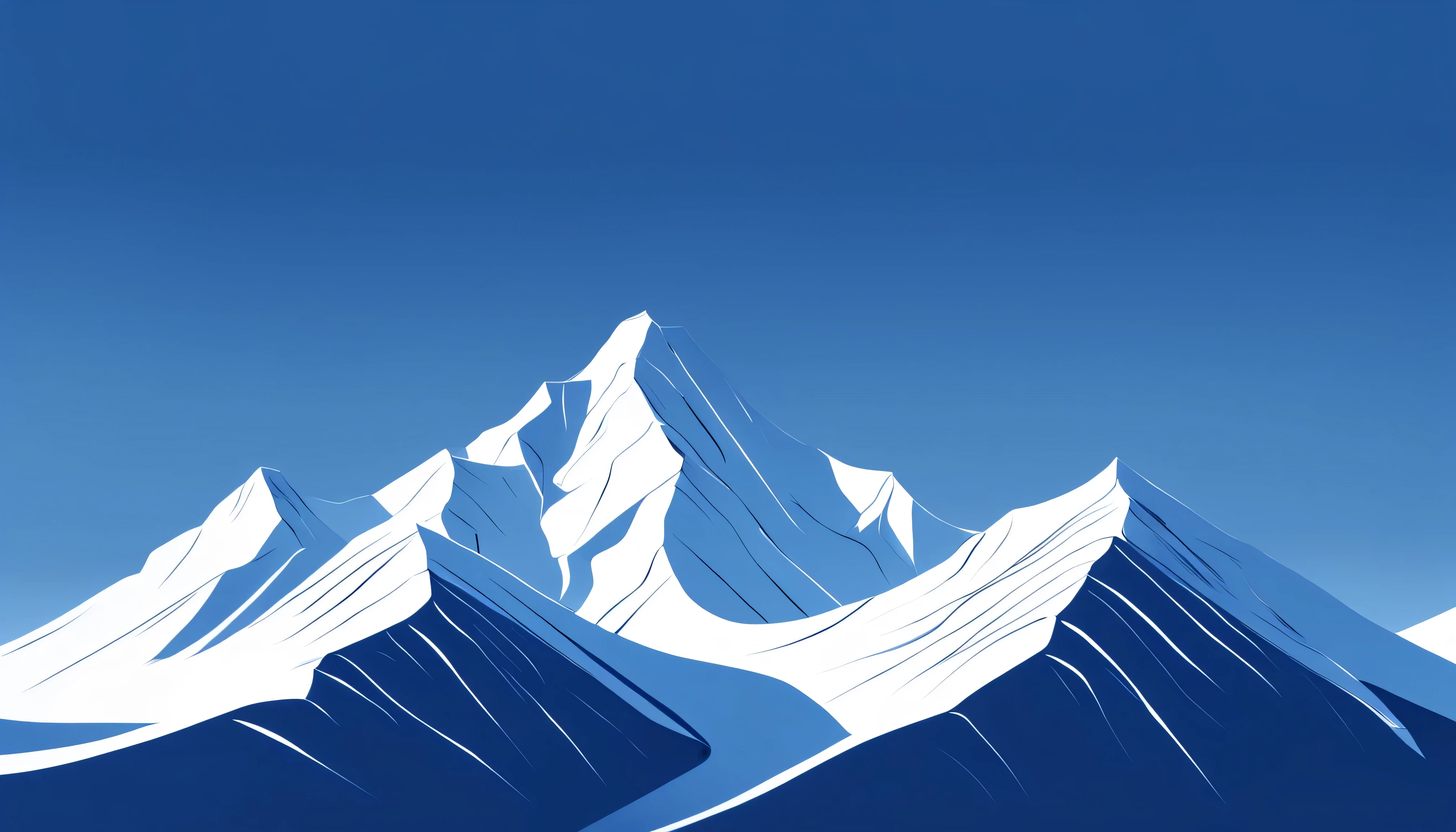 epic mountain scenery, snow capped peaks, gentle curves, deep blue sky, serene, (simplistic, vector style)