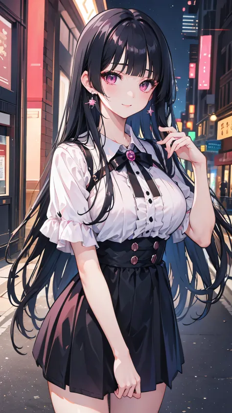 (8K、Highest image quality、highest quality、masterpiece)、detailed face、1 girl、black hair、hime cut、long hair、pink eyes、smile、earrings、big breasts、Pink ruffled clothes、black mini skirt、jirai kei、cowboy shot、Downtown background at night