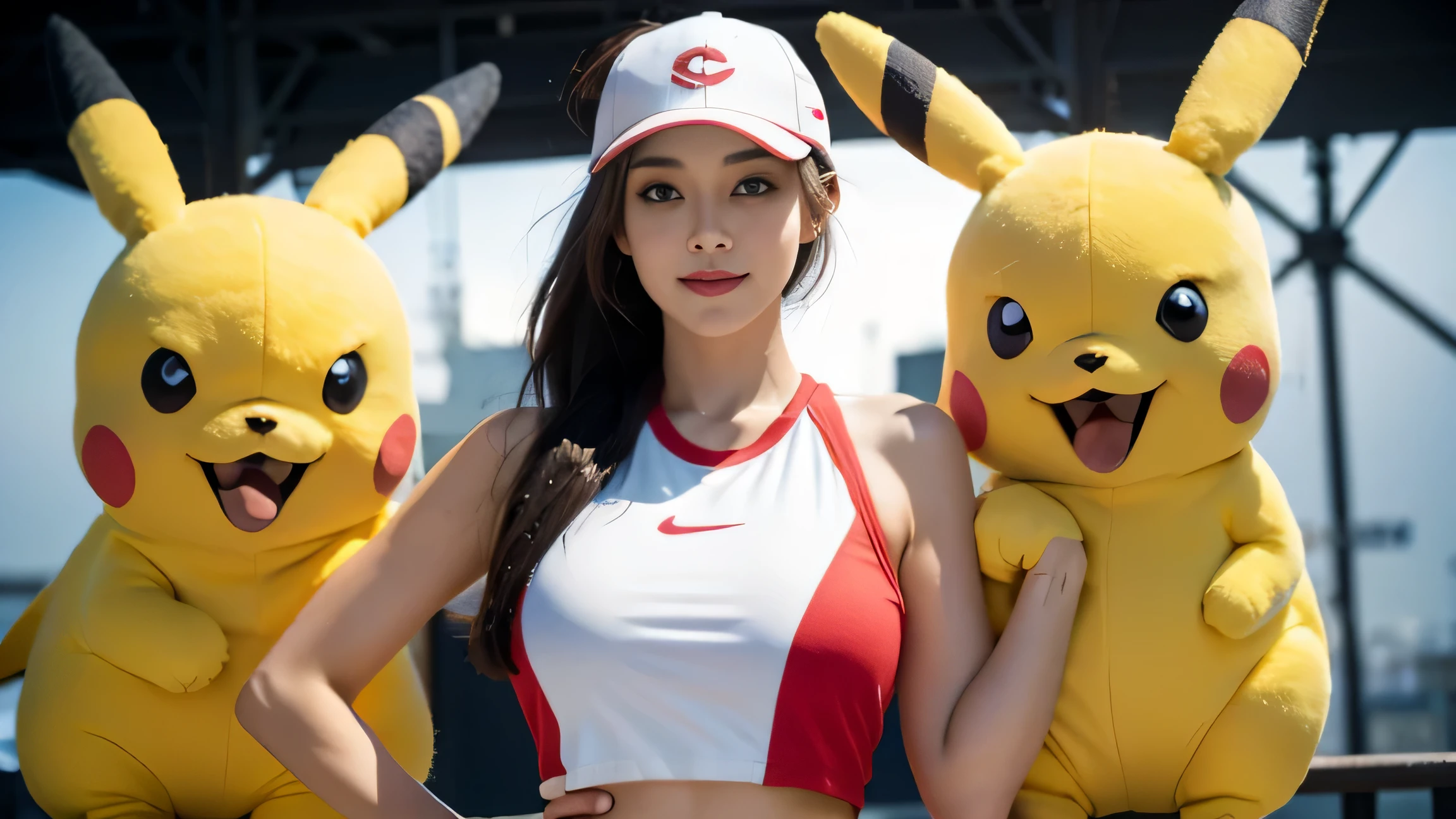 Araffes dressed in a sports bra top and pokemon stuffed animals - SeaArt AI