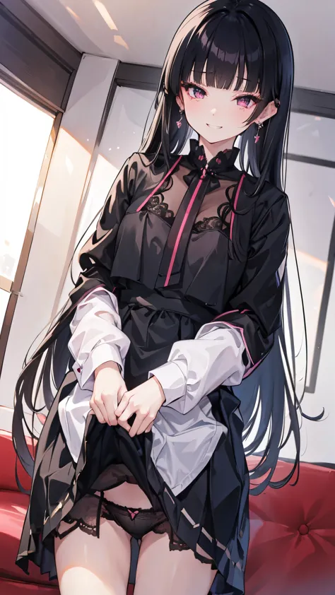 (8K、Highest image quality、highest quality、masterpiece)、detailed face、1 girl、black hair、hime cut、long hair、pink eyes、blush、evil small、((grin))、earrings、big breasts、Pink ruffled clothes、long sleeve、black mini skirt、jirai kei、((skirtliftfront))、((black lace p...