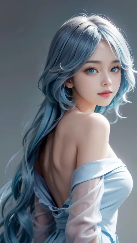 1 6 year old girl，child，kiddy big breasts，Back to camera，look back，happy grin，Cute little girl skin color，blue eyes，blue hair，curls、semi long hair，flat chest，small breasts，Cute pink lips，Wear an off-the-shoulder white shirt，Realistic illustration of her fa...
