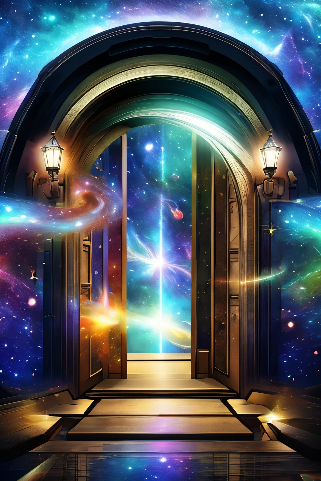 art, best quality, patchwork of various doors arranged randomly by country and era, image processing with mysterious effects, (background galaxy:1.5)