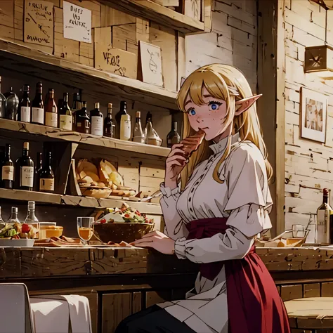 a beautiful blonde woman with elf ears and freckles, eating a big piece of meat in a bar