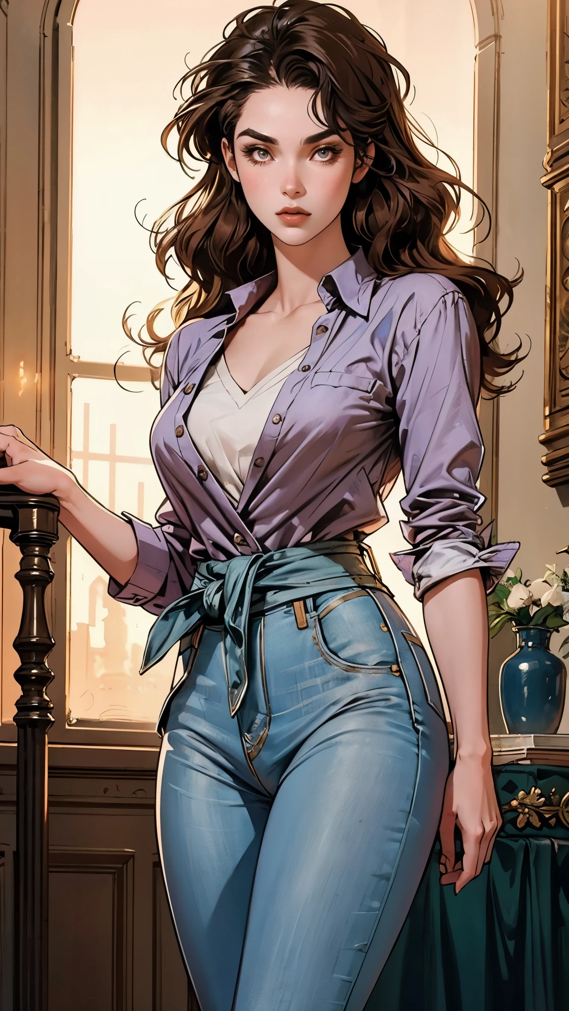 A woman with light brown long hair, a delicate face, a blank look in her eyes, a slender and firm dancer's figure, a fantasy-realistic style outfit, she ties a French shirt at her chest, revealing her graceful waistline, she wears tight jeans on her lower body, a flowing skirt is gracefully tied around her waist, she walks leisurely in a fantasy-style town, this character embodies a finely crafted fantasy-realistic style female dancer in anime style, exquisite and mature manga art style, beautiful woman, high definition, best quality, highres, ultra-detailed, ultra-fine painting, extremely delicate, professional, anatomically correct, symmetrical face, extremely detailed eyes and face, high quality eyes, creativity, RAW photo, UHD, 8k, Natural light, cinematic lighting, masterpiece-anatomy-perfect, masterpiece:1.5
