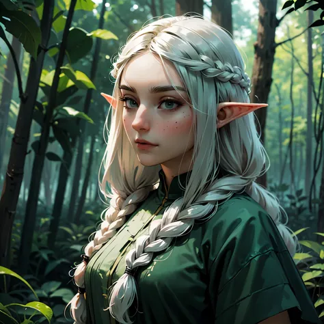 Female elf, long black hair, braided hair, green and white clothes, in a forest, fantasy character, round face