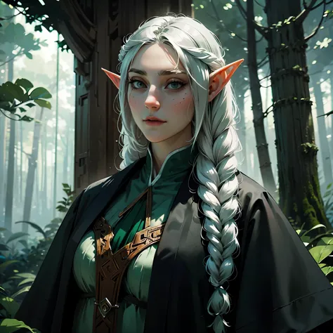 Female elf, long black hair, braided hair, green and white clothes, in a forest, fantasy character, round face