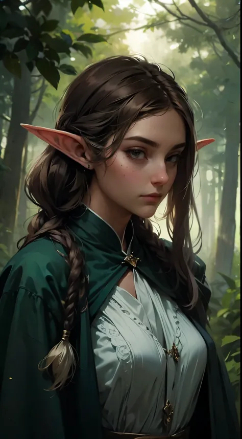 Female elf, long black hair, braided hair, brunette, round face, green and white clothes, in a forest, fantasy character