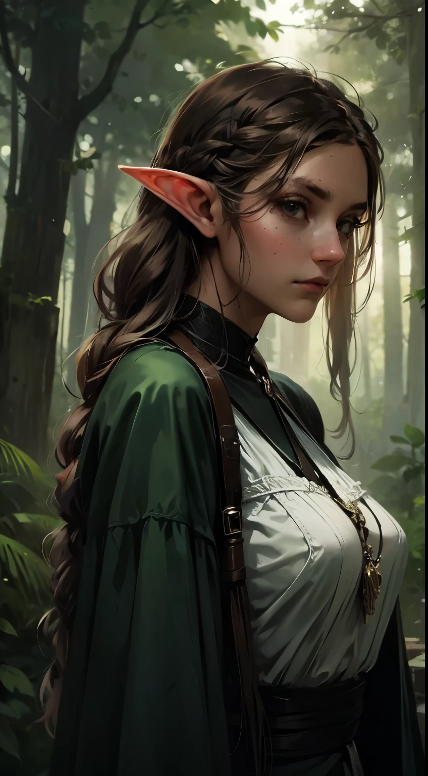 Female elf, long black hair, braided hair, brunette, round face, green and white clothes, in a forest, fantasy character