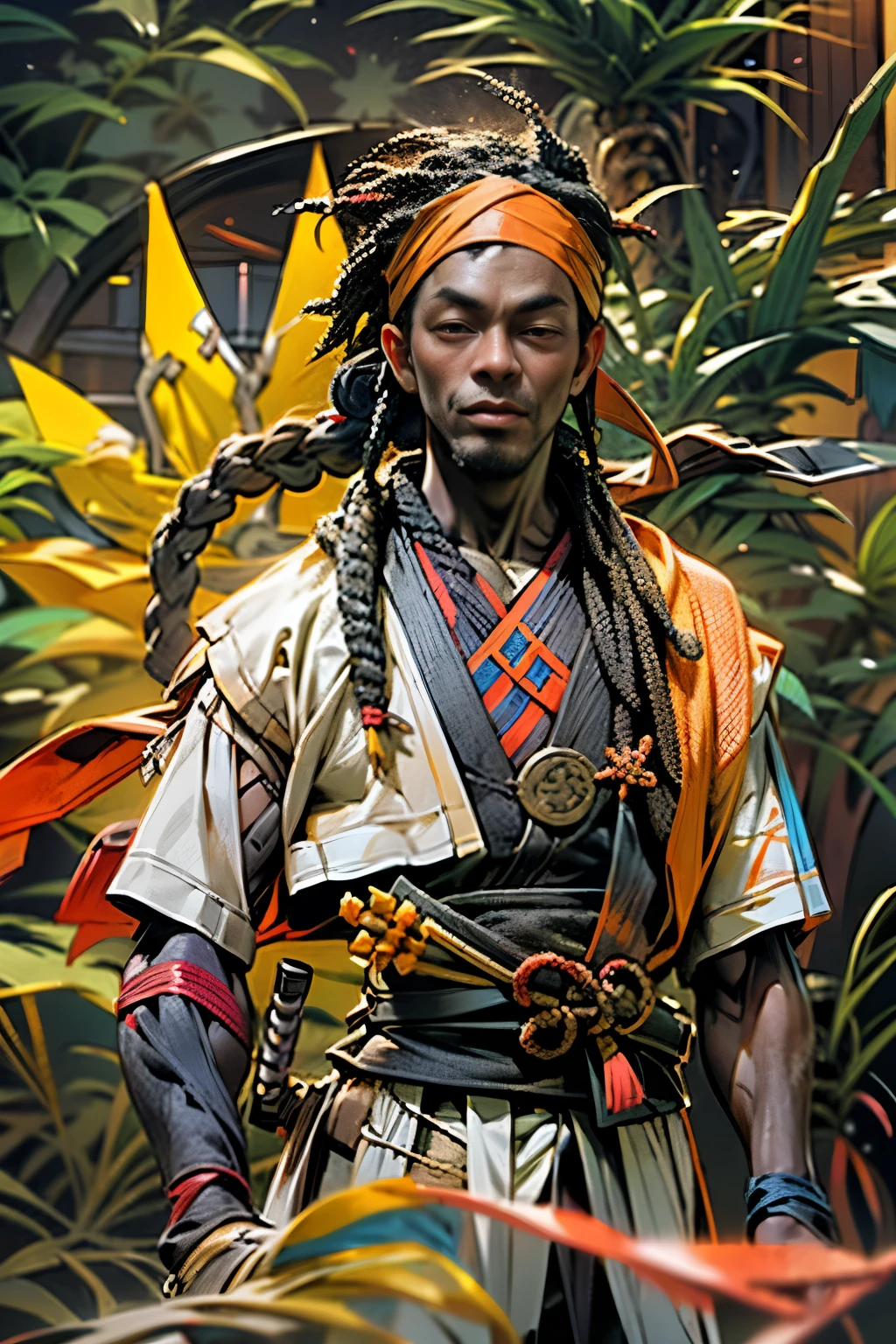 (handsome dark-skinned tall male Haitian Shinobi with long freeform locs) wearing ("tactical chunin vest" with kunai and shuriken bandolier)! and flowing colorful hakama, wearing "Hidden in the Mist Shinobi headband"!, wearing tall dark-wood geta, mindfully walking through dense cannabis sativa garden background during golden hour