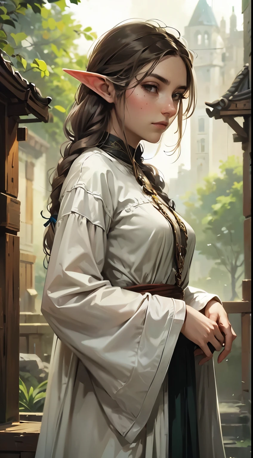 Female elf, long black hair, braided hair, brunette, round face, green and white clothes, in a fantasy town, fantasy character