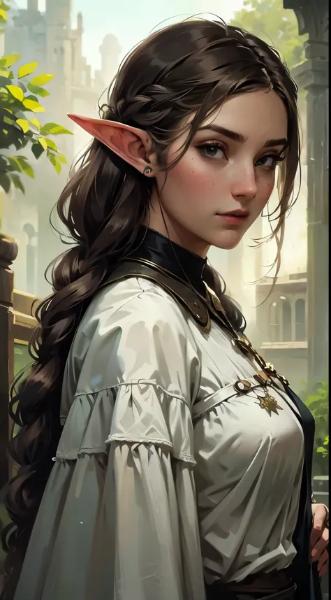 female elf, long black hair, braided hair, brunette, round face, green and white clothes, in a fantasy town, fantasy character