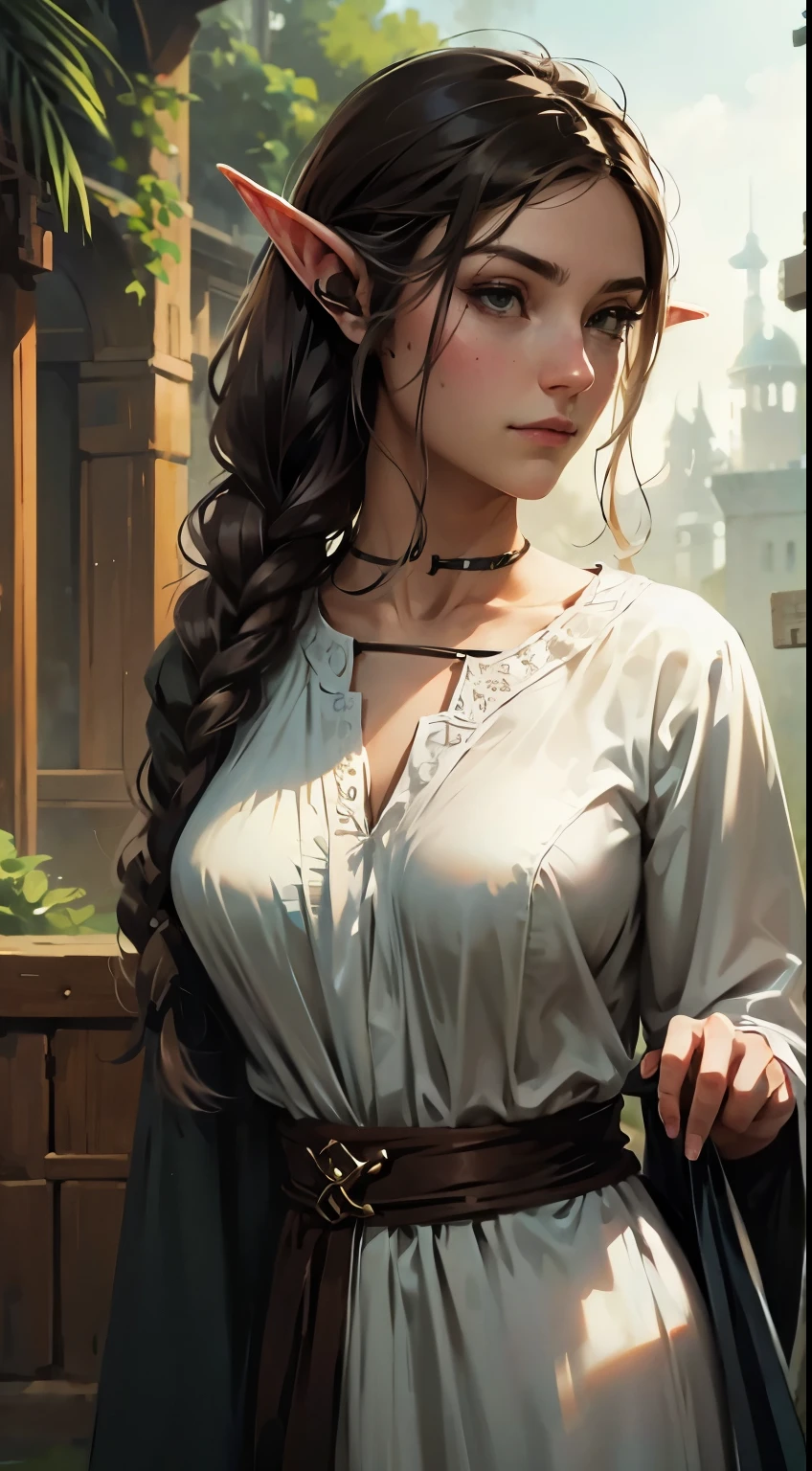 женщина-эльф, длинные черные волосы, Плетеные волосы, Брюнетка, круглое лицо, зелено-белая одежда, в фантастическом городе, фантастический персонаж
