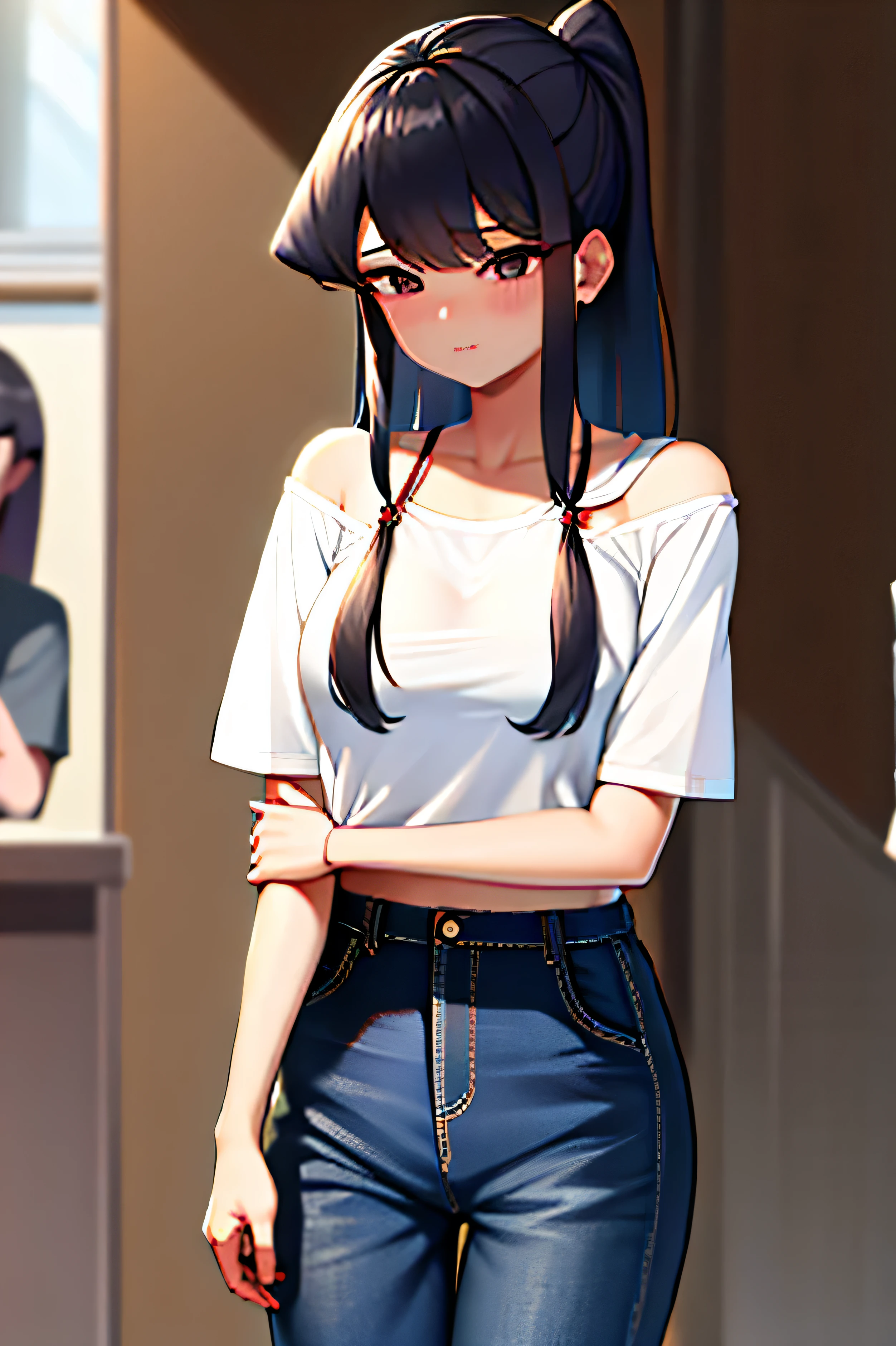 Anime girl with long hair and a white shirt standing in front of a counter  - SeaArt AI