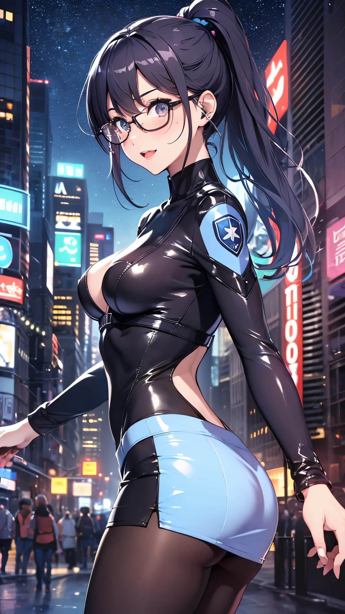 woman,25 years old,,city,night,(((white and blue tight miniskirt bodysuit))),,open mouth smile(())(glasses),((beautiful long ponytail)),(()),blush、surprised face,((())),((turn around and look back))wet with sweat