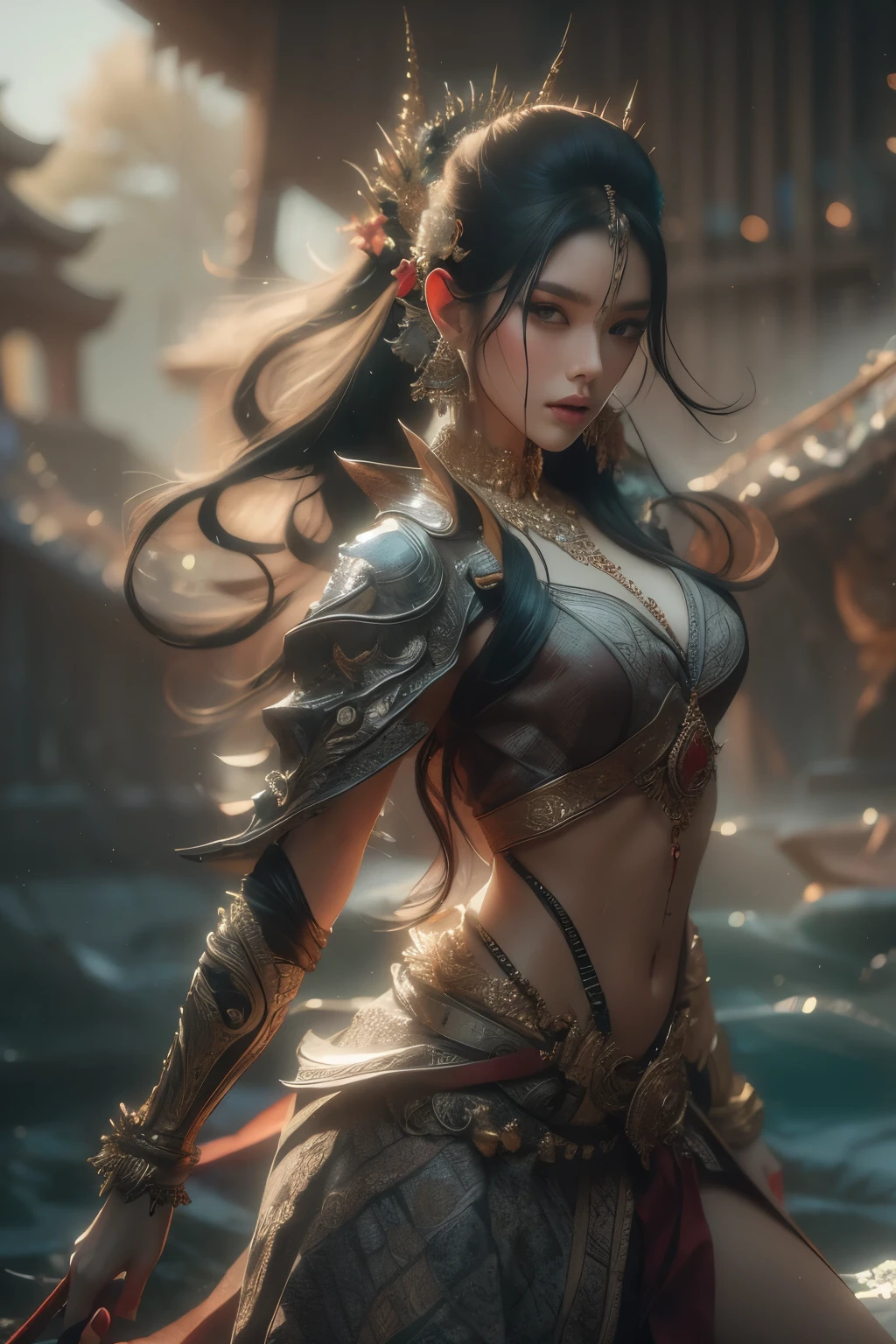 ((Full body shot:1.4))Beautiful painting of perfect thai female  princess, ponytail long hair, perfect features, abstract beauty, near perfection, pure form, dynamic pose, ethereal background, (deep dark shadows), (strong cinematic lighting), (back lighting), intricate detail, 8k post-production, High resolution, super Detail, trending on ArtStation, sharp focus, depth of field f/1.8, studio photos, (((looking at camera)))