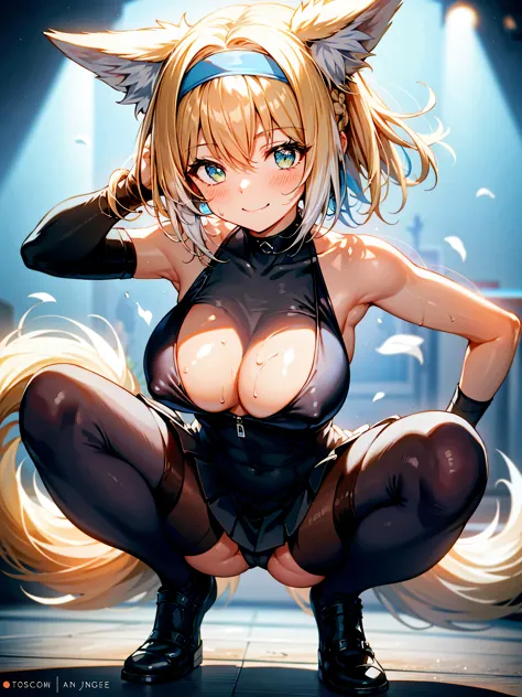 (best quality,high resolution,masterpiece:1.2),ultra-deTailed, 1 girl, Finger proportions, shiny skin, evil Smile, , raise arms, armpit, Sweat, steam,Put your arms behind your head,Squatting,Serford,Thick thighs,Cover the nipple, pleated skirt, fox狸_ears, ...
