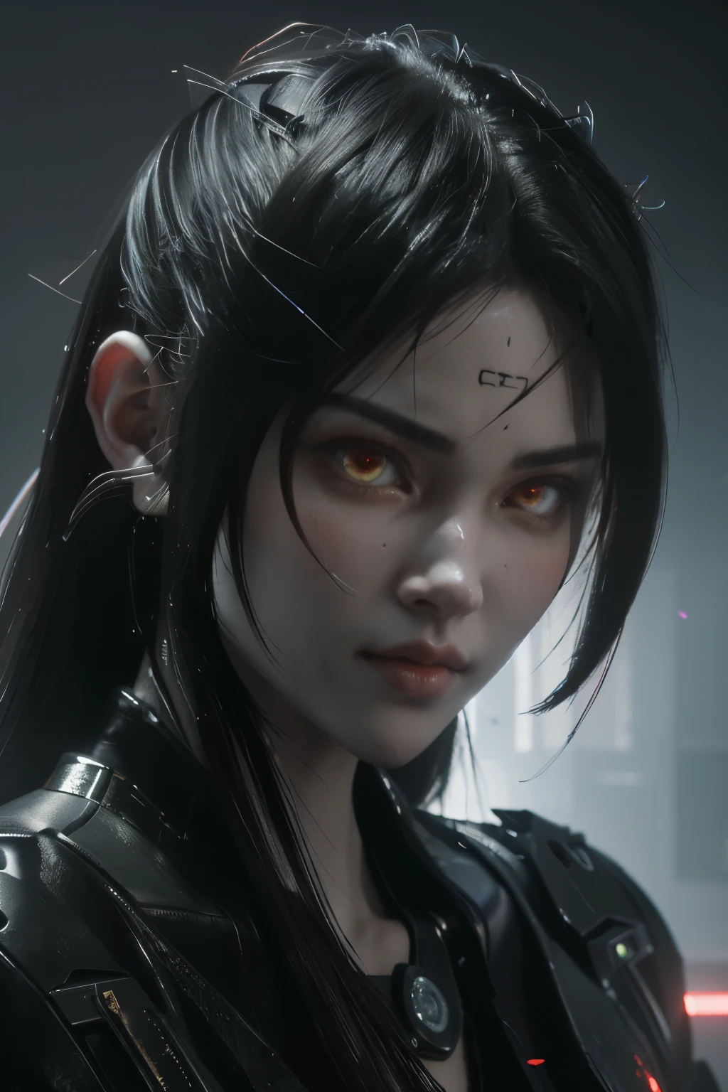 Game art，The best picture quality，Highest resolution，8K，(A bust photograph)，(Portrait)，(Head close-up:1.5)，(Rule of thirds)，Unreal Engine 5 rendering works， (The Girl of the Future)，(Female Warrior)， 22-year-old girl，(Female hackers)，(White and red gradient，Ancient Oriental hairstyle)，((The pupils of the red eyes:1.3))，(A beautiful eye full of detail)，(Big breasts)，(Eye shadow)，Elegant and charming，indifferent，((Anger))，(Cyberpunk jacket full of futuristic look，Joint Armor，There are exquisite Chinese patterns on the clothes，A flash of jewellery)，Cyberpunk Characters，Future Style， Photo poses，City background，Movie lights，Ray tracing，Game CG，((3D Unreal Engine))，oc rendering reflection pattern