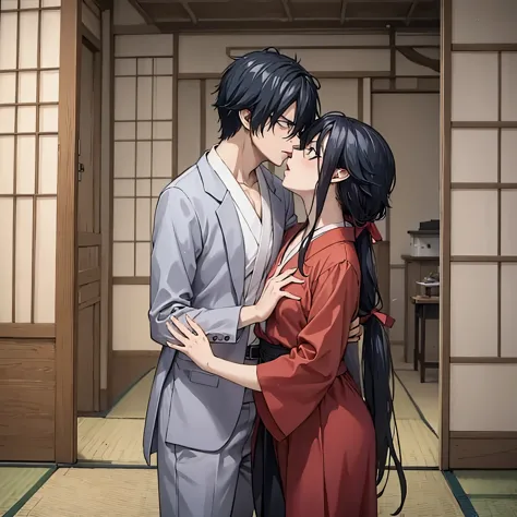 man kissing a woman on the mouth in a japanese house