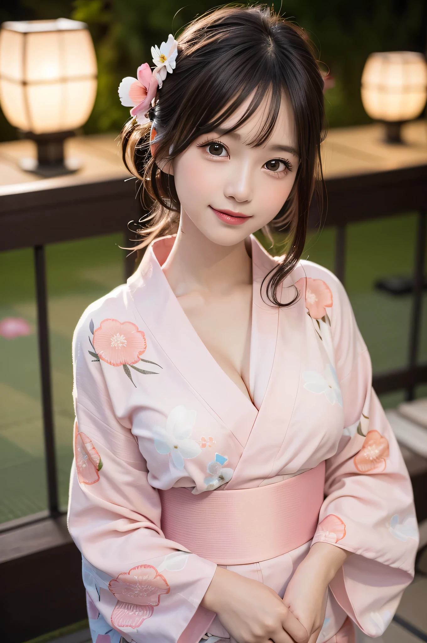 (1young girl), Extremely cute face, Amazing face and eyes, (Highly detailed eyes, Highly detailed face), fresh, Very clean appearance, (Hyper-realistic, hight resolution), (Best Quality:1.4), Raw photo, (Realistic, Photorealsitic:1.37), Professional Photography, (light pink floral pattern yukata:1.5), (Open yukata), (cleavage:1.2), (Bare shoulders), Smile slightly, (Staring at me), Bedroom, girl portrait,