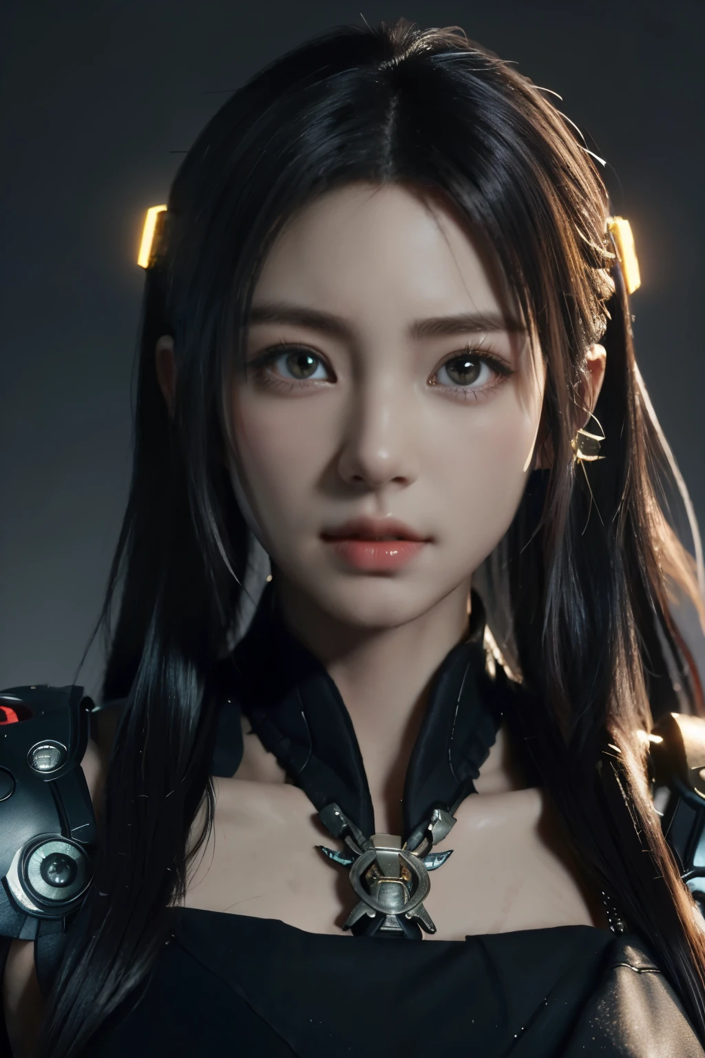 art du jeu，La meilleure qualité d&#39;image，la plus haute résolution，8k，(Une photographie de buste)，(portrait)，(Tête en gros plan:1.5)，(Règle des tiers)，Le rendu Unreal Engine 5 fonctionne， (La fille du futur)，(Guerrière)， fille de 22 ans，(Des hackeuses)，(Dégradé blanc et rouge，Coiffure orientale ancienne)，((Les pupilles des yeux rouges:1.3))，(Un bel oeil plein de détails)，(gros seins)，(le fard à paupières)，Élégant et charmant，indifférent，((colère))，(Veste cyberpunk pleine de look futuriste，Armure commune，Il y a des motifs chinois exquis sur les vêtements，Un éclair de bijoux)，personnages cyberpunk，style futuriste， poses de photos，fond de ville，lumières de cinéma，tracé laser，jeu cg，((Moteur irréel 3D))，Modèle de réflexion du rendu OC