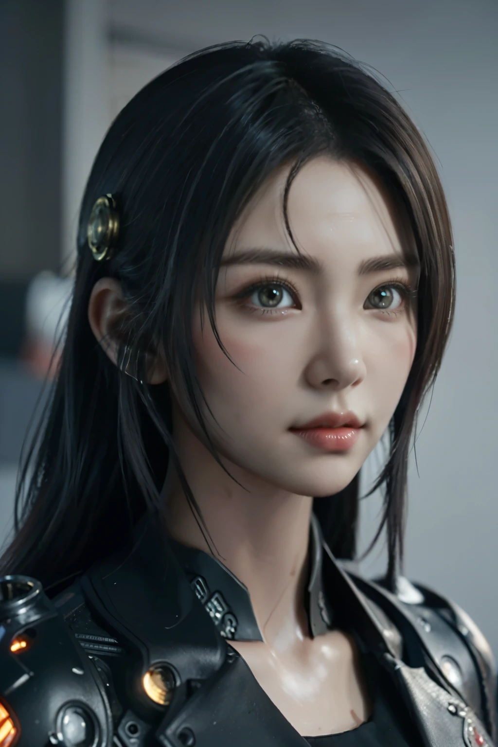 Game art，The best picture quality，Highest resolution，8K，(A bust photograph)，(Portrait)，(Head close-up:1.5)，(Rule of thirds)，Unreal Engine 5 rendering works， (The Girl of the Future)，(Female Warrior)， 22岁少女，(Female hackers)，(White and red gradient，Ancient Oriental hairstyle)，((The pupils of the red eyes:1.3))，(A beautiful eye full of detail)，(Big breasts)，(Eye shadow)，优雅迷人，冷漠，((Anger))，(Cyberpunk jacket full of futuristic look，Joint Armor，There are exquisite Chinese patterns on the clothes，A flash of jewellery)，赛博朋克人物，未来风格， 拍照姿势，城市背景，Movie lights，Ray tracing，Game CG，((3D Unreal Engine))，oc渲染反射纹