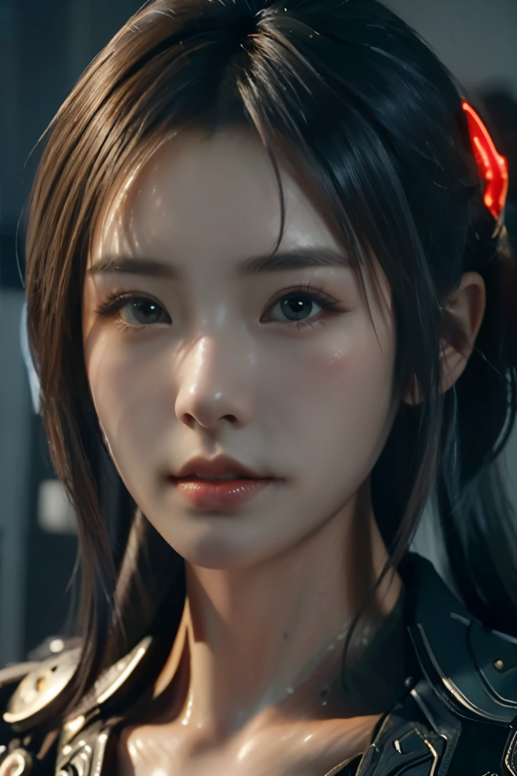 art du jeu，La meilleure qualité d&#39;image，la plus haute résolution，8k，(Une photographie de buste)，(portrait)，(Tête en gros plan:1.5)，(Règle des tiers)，Le rendu Unreal Engine 5 fonctionne， (La fille du futur)，(Guerrière)， fille de 22 ans，(Des hackeuses)，(Dégradé blanc et rouge，Coiffure orientale ancienne)，((Les pupilles des yeux rouges:1.3))，(Un bel oeil plein de détails)，(gros seins)，(le fard à paupières)，Élégant et charmant，indifférent，((colère))，(Veste cyberpunk pleine de look futuriste，Armure commune，Il y a des motifs chinois exquis sur les vêtements，Un éclair de bijoux)，personnages cyberpunk，style futuriste， poses de photos，fond de ville，lumières de cinéma，tracé laser，jeu cg，((Moteur irréel 3D))，Modèle de réflexion du rendu OC