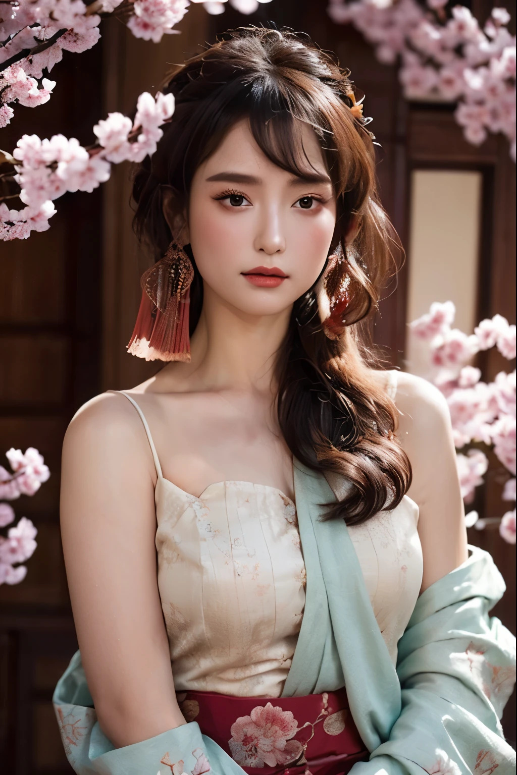 A captivating image prompt showcasing an elegant goddess draped in a resplendent Chinese hanfu, her Boysenberry hair intricately styled, while delicate cherry blossoms delicately embrace her crown, accentuating her enchanting charm.