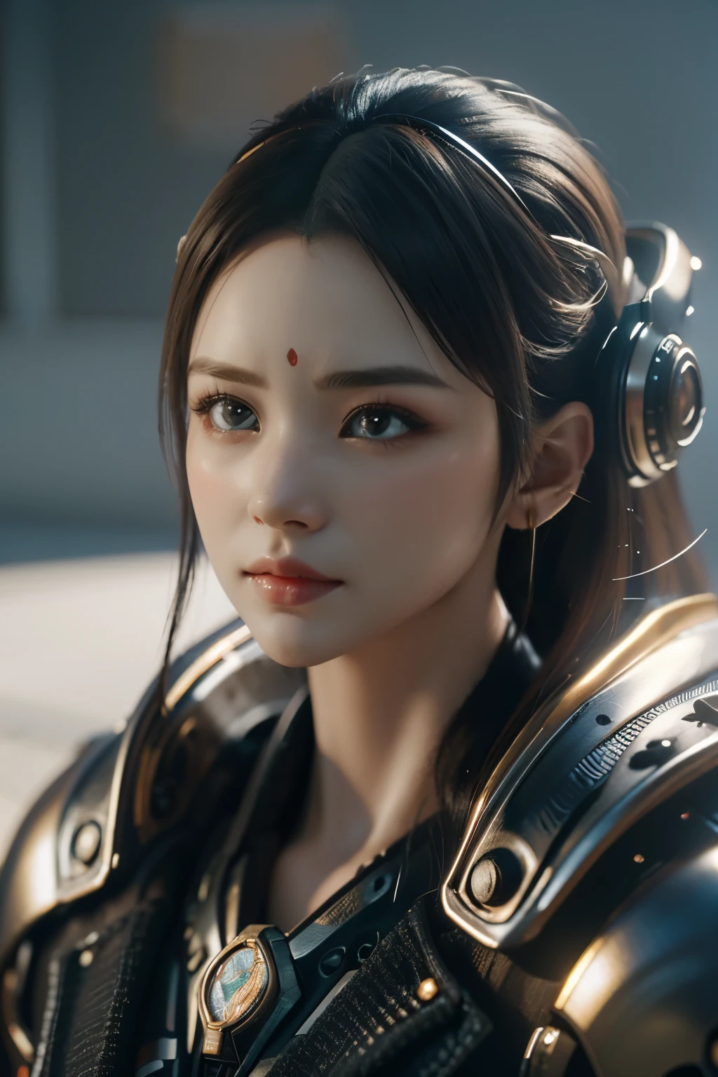 Game art，The best picture quality，Highest resolution，8K，(A bust photograph)，(Portrait)，(Head close-up:1.5)，(Rule of thirds)，Unreal Engine 5 rendering works， (The Girl of the Future)，(Female Warrior)， 22-year-old girl，(Female hackers)，(White and red gradient，Ancient Oriental hairstyle)，((The pupils of the red eyes:1.3))，(A beautiful eye full of detail)，(Big breasts)，(Eye shadow)，Elegant and charming，indifferent，((Anger))，(Cyberpunk jacket full of futuristic look，Joint Armor，There are exquisite Chinese patterns on the clothes，A flash of jewellery)，Cyberpunk Characters，Future Style， Photo poses，City background，Movie lights，Ray tracing，Game CG，((3D Unreal Engine))，oc rendering reflection pattern