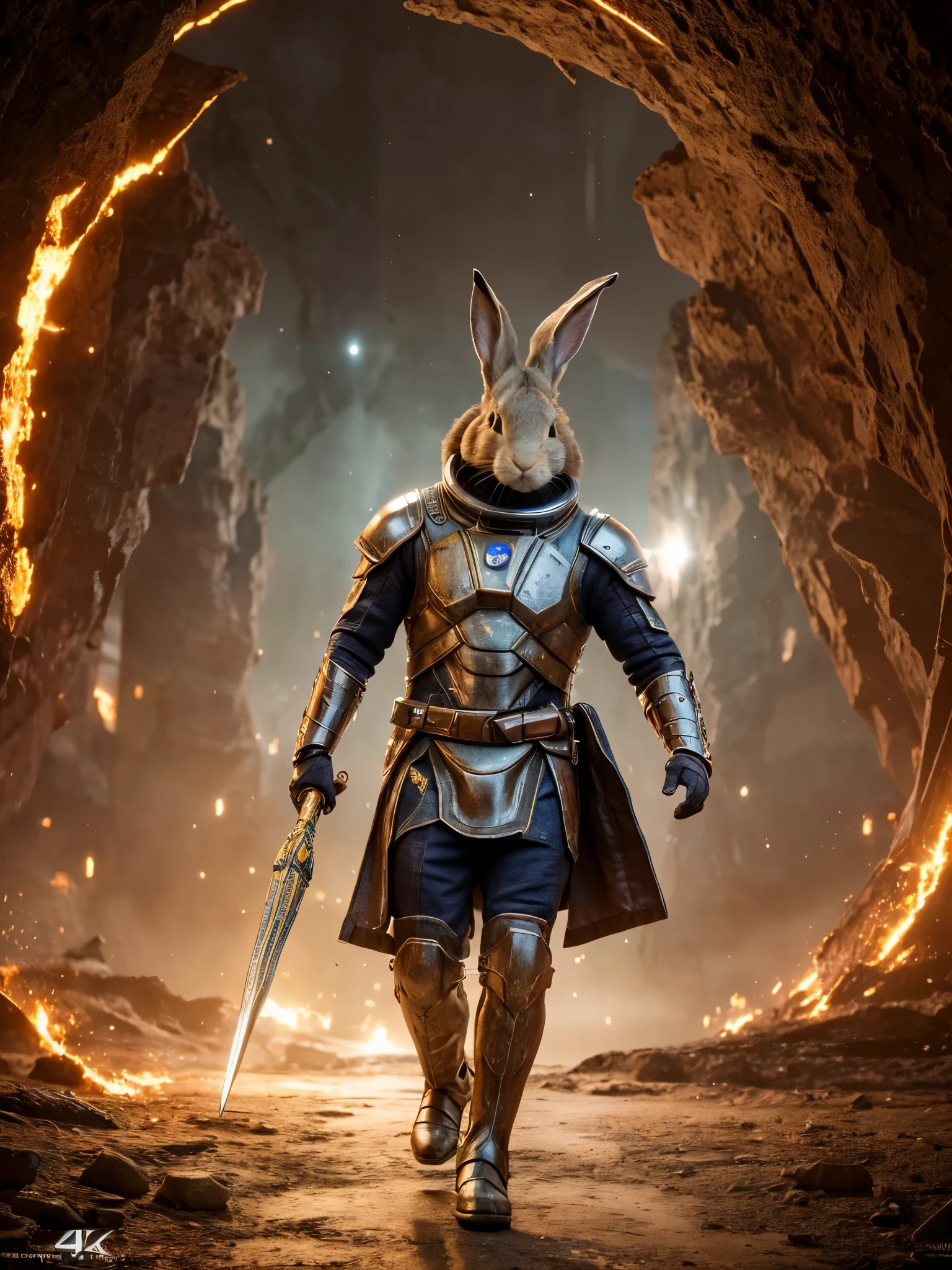 wide shot, A small rabbit cute warrior from behind, Blue color, walking through the Forgotten Gateway of Time and Space, detailed, ultra intricate, sci-fi, galaxy, depth of field, (space and time:1.2), (best quality,4k,8k,highres,masterpiece:1.2), ultra-detailed, (realistic,photorealistic,photo-realistic:1.37), HDR, UHD, studio lighting, ultra-fine painting, sharp focus, physically-based rendering, extreme detail description, professional, vivid colors, bokeh, portraits, landscape.