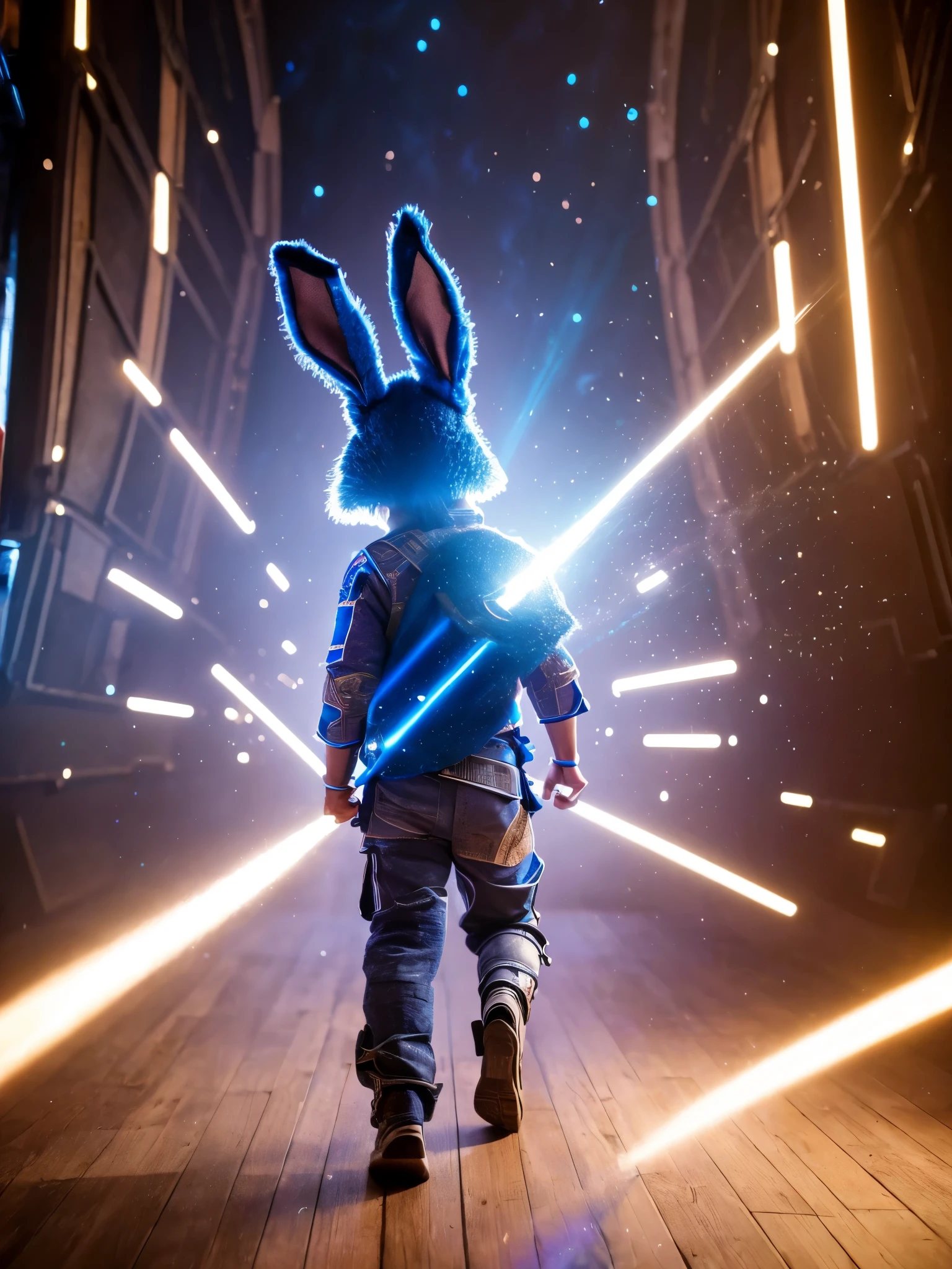 wide shot, A small rabbit cute warrior from behind, Blue color, walking through the Forgotten Gateway of Time and Space, detailed, ultra intricate, sci-fi, galaxy, depth of field, (space and time:1.2), (best quality,4k,8k,highres,masterpiece:1.2), ultra-detailed, (realistic,photorealistic,photo-realistic:1.37), HDR, UHD, studio lighting, ultra-fine painting, sharp focus, physically-based rendering, extreme detail description, professional, vivid colors, bokeh, portraits, landscape.