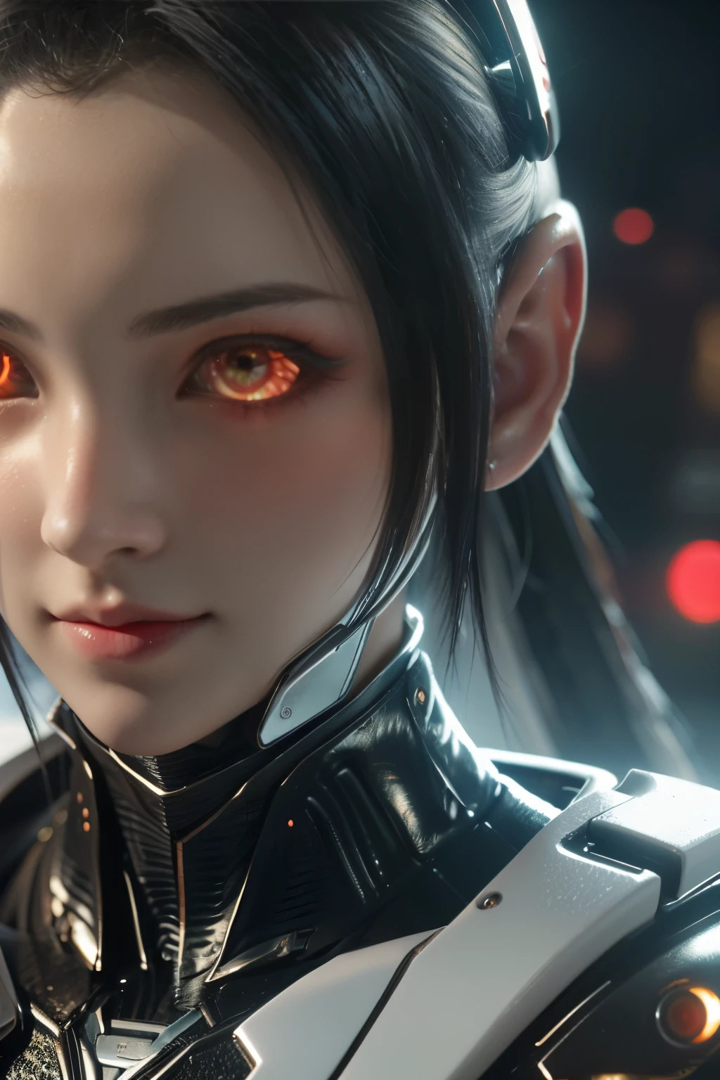 Game art，The best picture quality，Highest resolution，8K，(A bust photograph)，(Portrait)，(Head close-up:1.5)，(Rule of thirds)，Unreal Engine 5 rendering works， (The Girl of the Future)，(Female Warrior)， 22-year-old girl，(Female hackers)，(White and red gradient，Ancient Oriental hairstyle)，((The pupils of the red eyes:1.3))，(A beautiful eye full of detail)，(Big breasts)，(Eye shadow)，Elegant and charming，indifferent，((Anger))，(Cyberpunk jacket full of futuristic look，Joint Armor，There are exquisite Chinese patterns on the clothes，A flash of jewellery)，Cyberpunk Characters，Future Style， Photo poses，City background，Movie lights，Ray tracing，Game CG，((3D Unreal Engine))，oc rendering reflection pattern