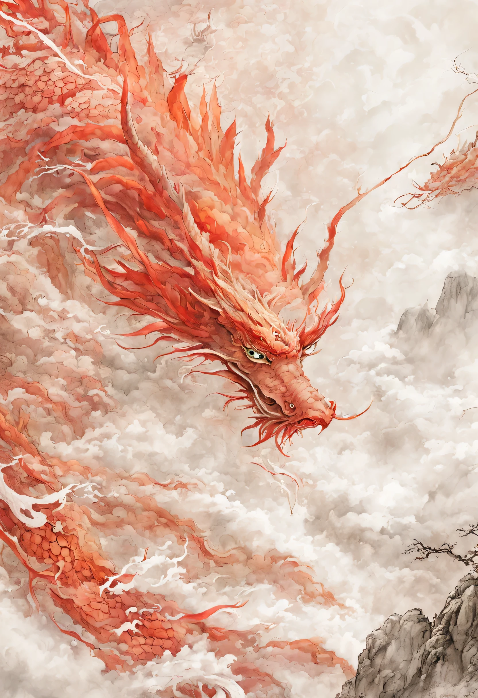 ink中国dragon，Spring Festival，ink，National style and national tide，Beautifully，extremely high resolution，best quality，red envelope cover，wallpaper，intricate details，wonderful，ink意境，abstract simple lines，White background，graphic design，High precision and best quality，masterpiece（ink画，dragon，Expressiveness，shrouded in mistink画dragon。。in a mysterious atmosphere，shrouded in mist，ink画，Capture the essence of traditional Chinese art。dragon极其细致和逼真。smooth color，Ink texture on paper，中国传统ink画，Soft and diffuse light，soft shadow，dragon和云，Quiet and dreamy