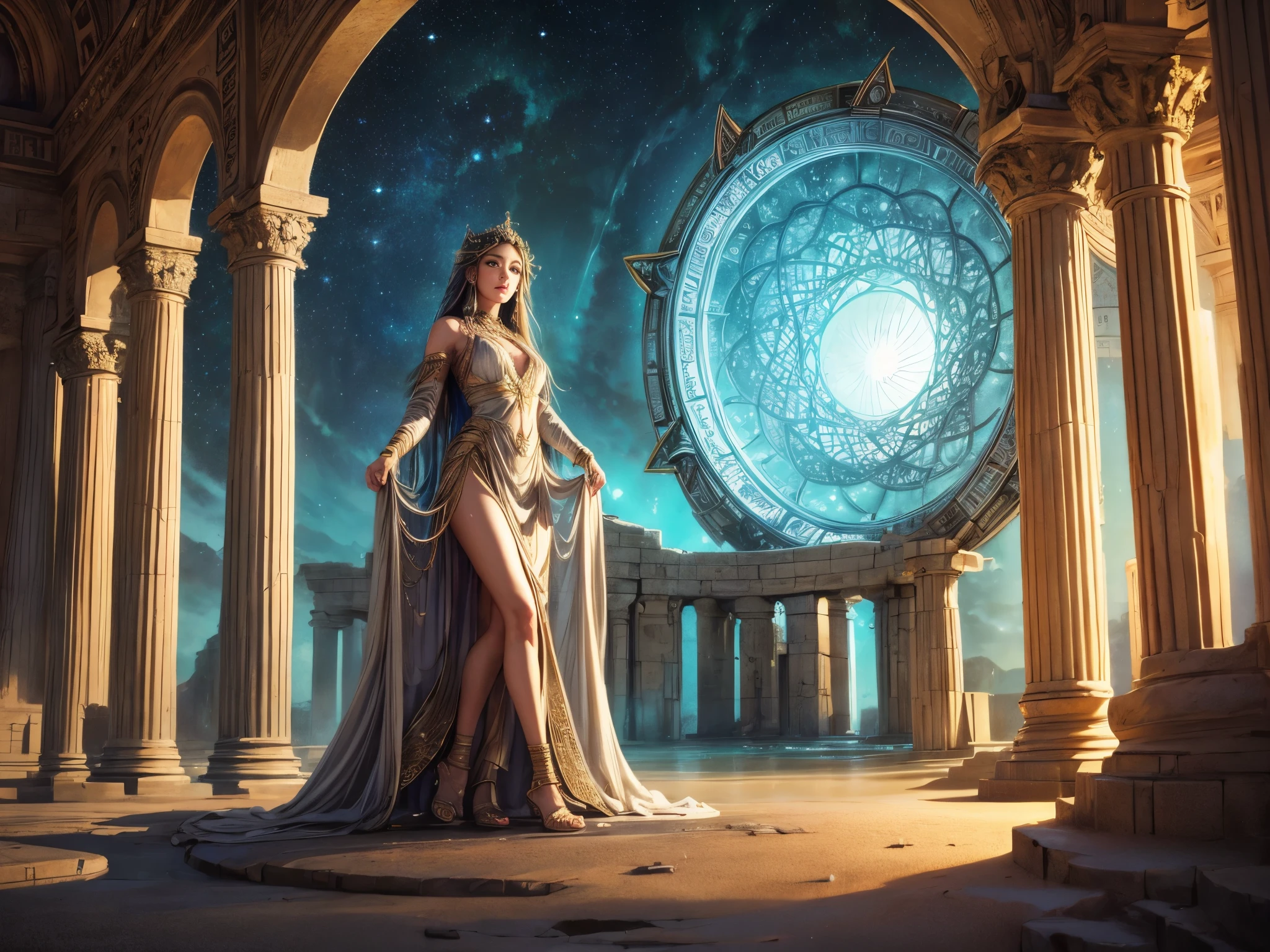 (best quality,4k,highres),detailed girl,standing in front of a (stargate:1.1),forgotten gateway of time and space. The scene depicts the girl's (beautiful detailed eyes,beautiful detailed lips,longeyelashes) as she gazes in awe at the majestic (stargate:1.1) in front of her. The stargate is surrounded by the ancient ruins of Egypt, (sand-covered, cracked stone, crumbling pillars), hinting at its long-forgotten history. The girl is dressed in (flowing, ethereal, ancient-inspired) garments, adding to the mystical atmosphere. The setting is bathed in (soft, warm) lighting, casting a mesmerizing glow on the girl and the surroundings. The (realistic,photorealistic:1.37) artwork showcases vivid colors and (sharp focus, extreme detail description), capturing every intricate element. The overall composition exudes an otherworldly aura, transporting viewers to a distant time and space.