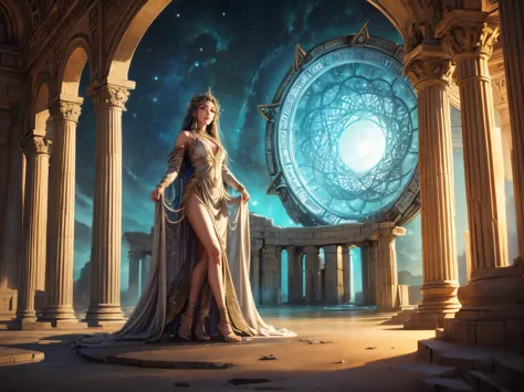 (best quality,4k,highres),detailed girl,standing in front of a (stargate:1.1),forgotten gateway of time and space. the scene dep...