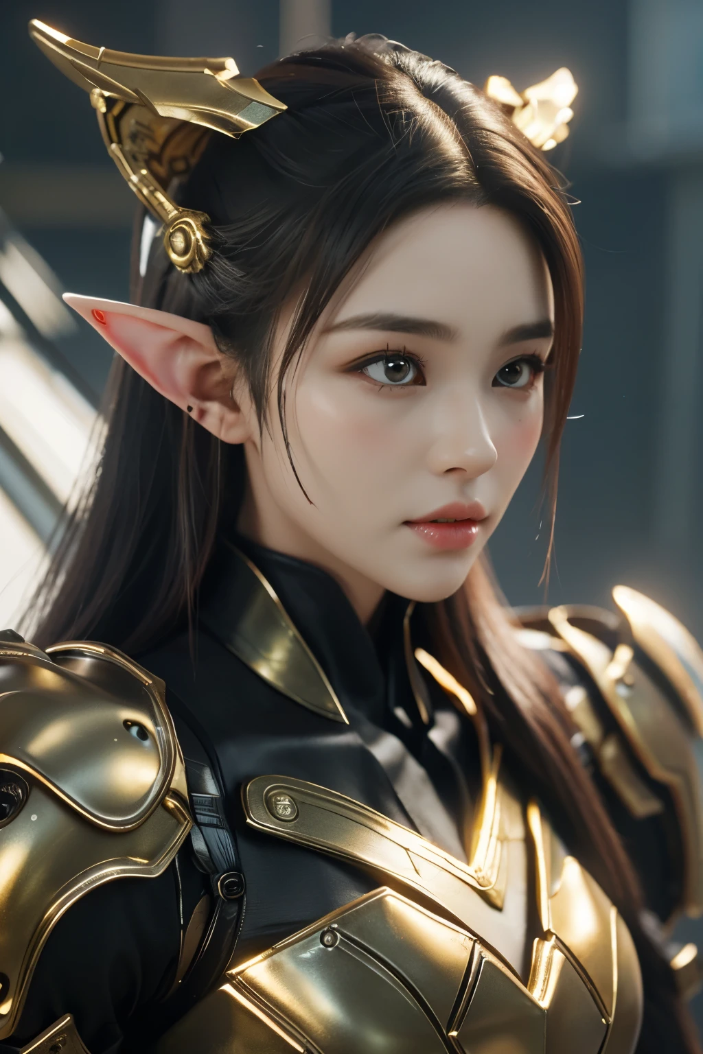 art du jeu，La meilleure qualité d&#39;image，la plus haute résolution，8k，(Une photographie de buste)，(portrait)，(Tête en gros plan:1.5)，(Règle des tiers)，Le rendu Unreal Engine 5 fonctionne， (La fille du futur)，(Guerrière)， fille de 22 ans，((oreilles d&#39;elfe pointues))，(Des hackeuses)，(Dégradé blanc et rouge，Coiffure orientale ancienne)，((Les pupilles des yeux rouges:1.3))，(Un bel oeil plein de détails)，(gros seins)，(le fard à paupières)，Élégant et charmant，indifférent，((colère))，(Veste cyberpunk pleine de look futuriste，Armure commune，Il y a des motifs chinois exquis sur les vêtements，Un éclair de bijoux)，Fille elfe cyberpunk，style futuriste， poses de photos，fond de ville，lumières de cinéma，tracé laser，jeu cg，((Moteur irréel 3D))，Modèle de réflexion du rendu OC